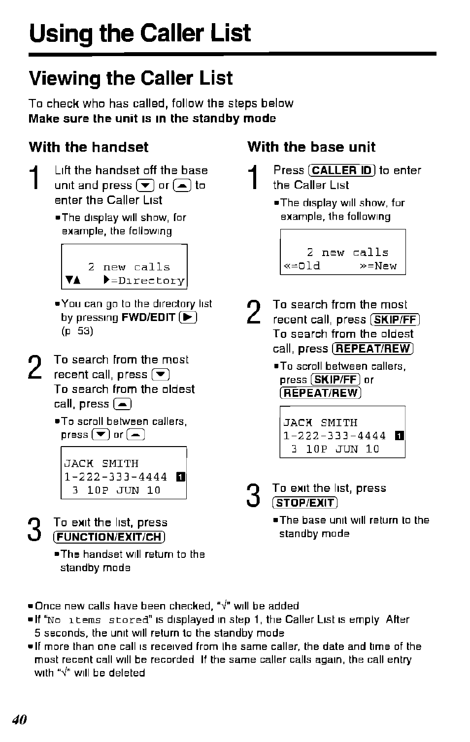 Viewing the caller list, Using the caller list, With the handset | With the base unit | Panasonic KX-TC1891B User Manual | Page 40 / 96