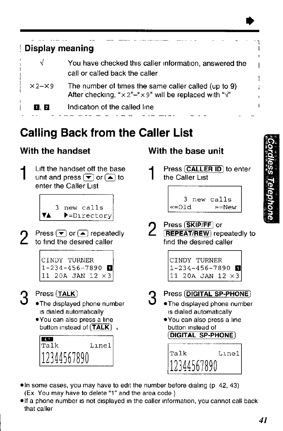 Display meaning, Calling back from the caller list, With the handset | With the base unit | Panasonic KX-TC1891B User Manual | Page 41 / 96