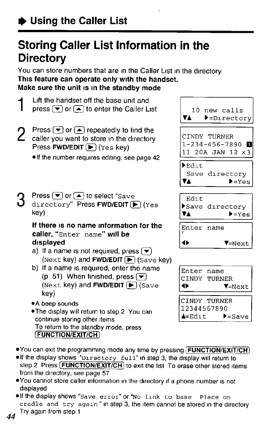 Storing caller list information in the directory | Panasonic KX-TC1891B User Manual | Page 44 / 96