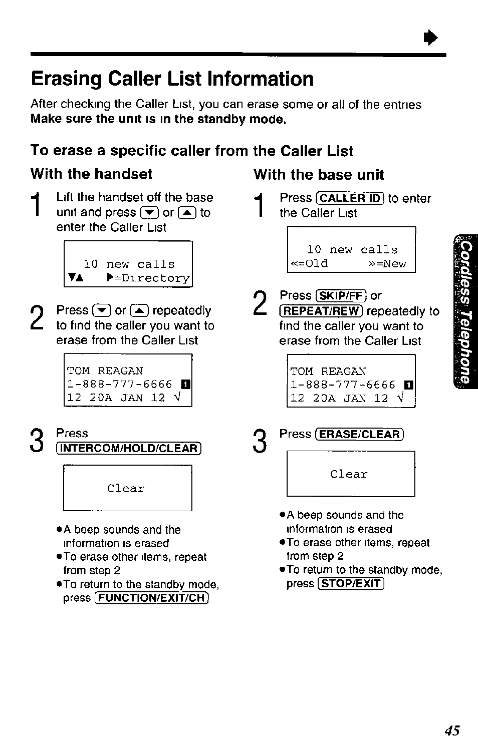 To erase a specific caller from the caller list, With the handset, With the base unit | Erasing caller list information | Panasonic KX-TC1891B User Manual | Page 45 / 96