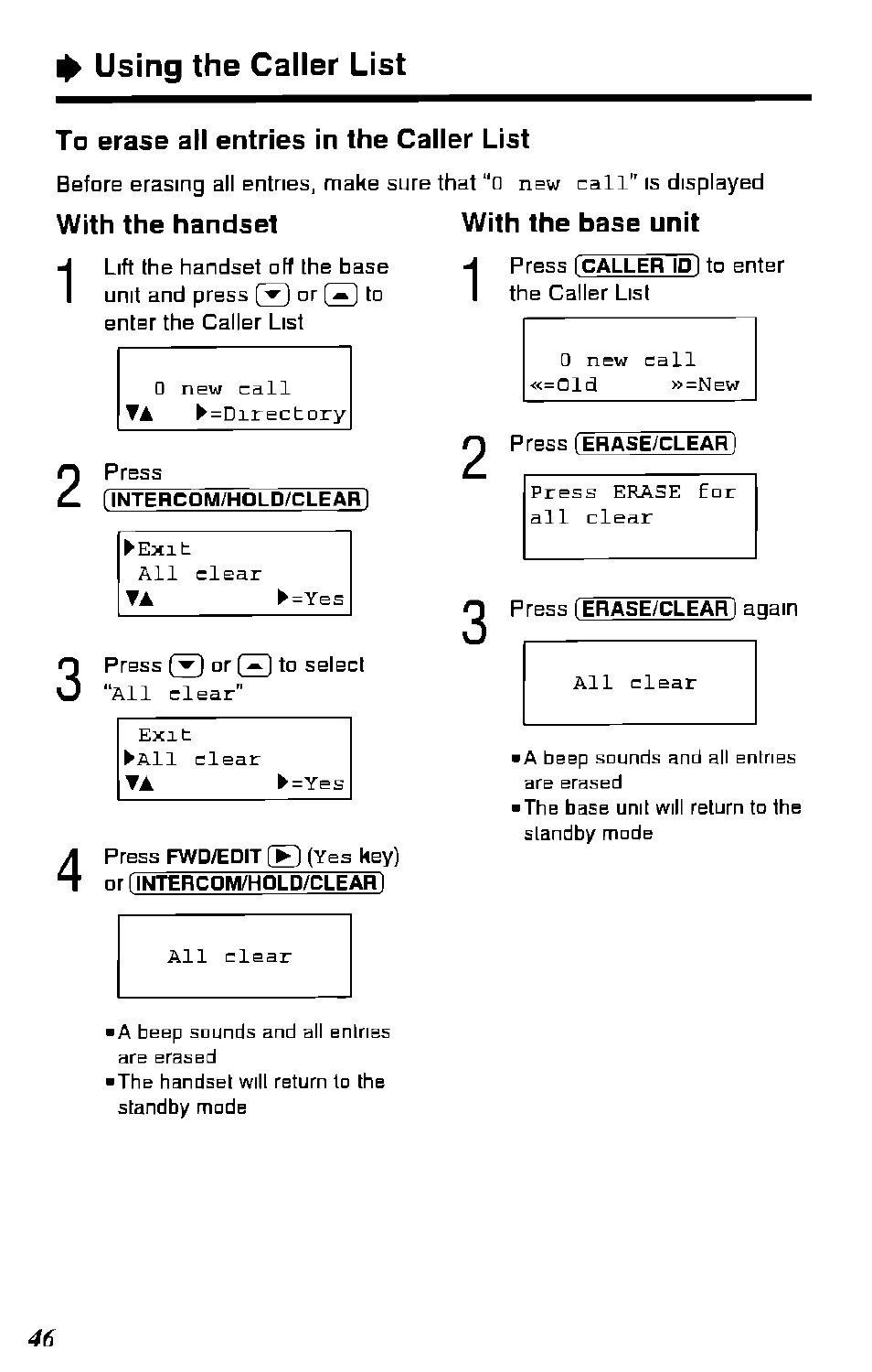 To erase all entries in the caller list, With the handset, With the base unit | Using the caller list | Panasonic KX-TC1891B User Manual | Page 46 / 96