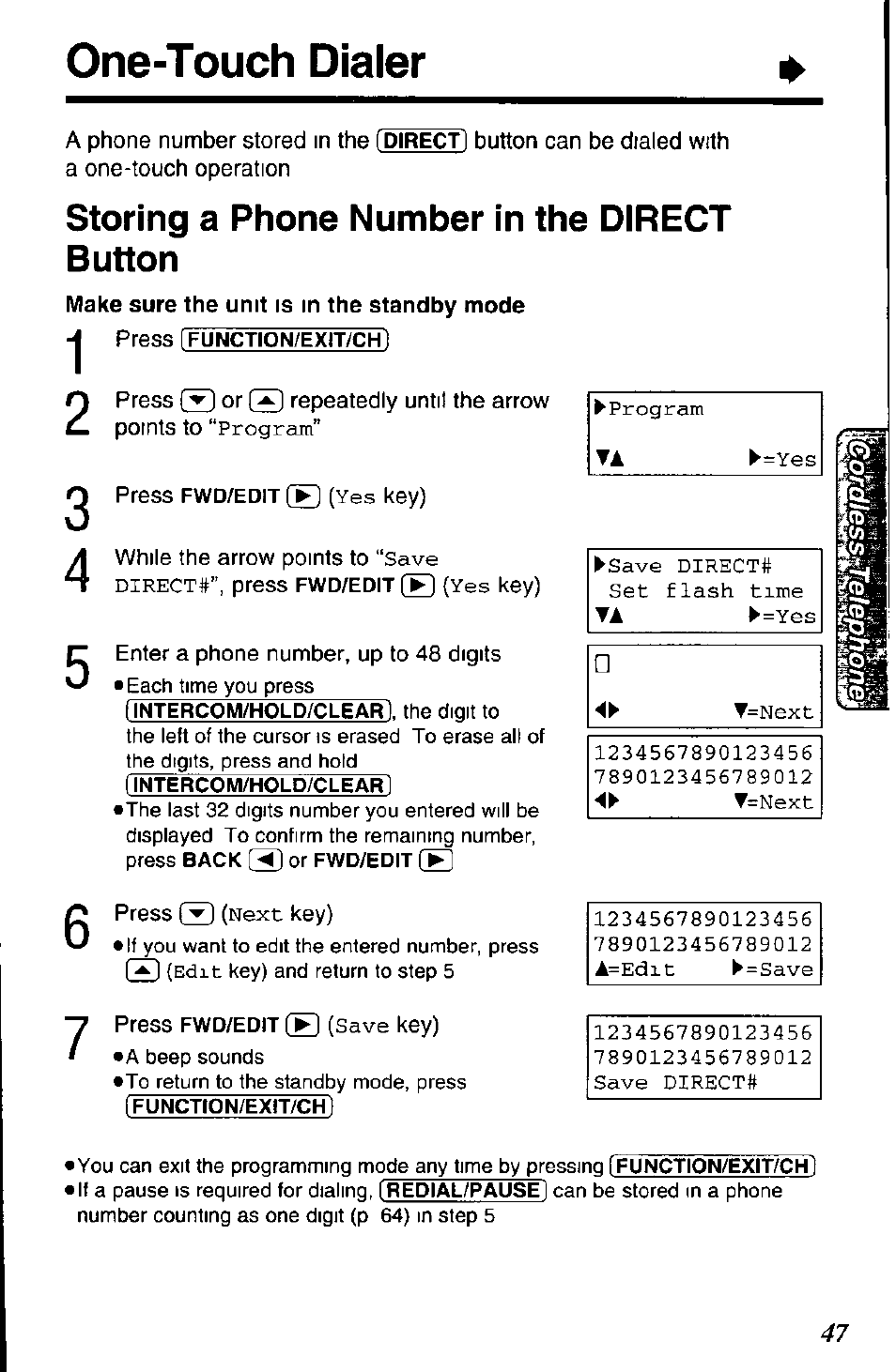 Storing a phone number in the direct button, One-touch dialer | Panasonic KX-TC1891B User Manual | Page 47 / 96