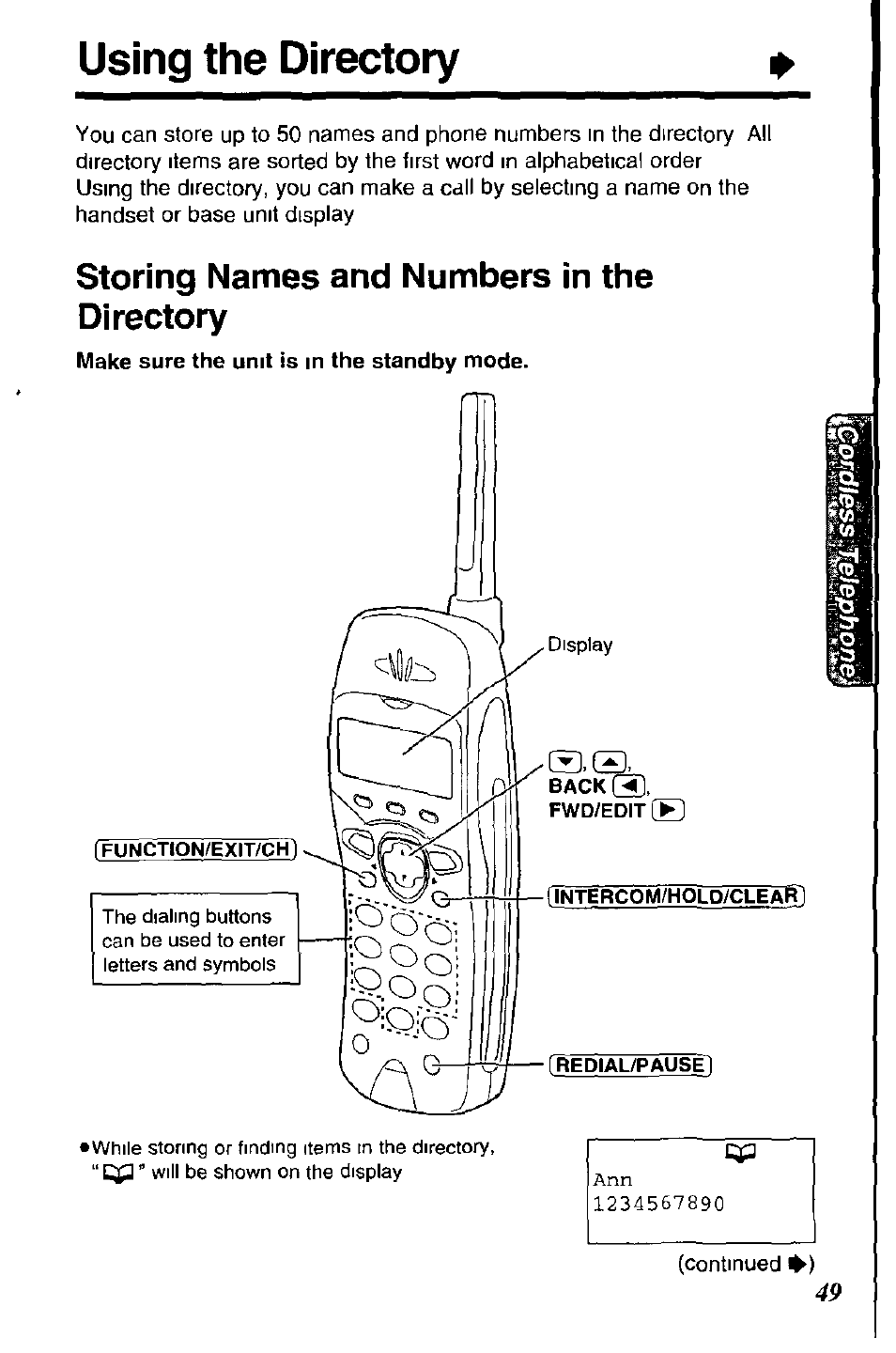 Storing names and numbers in the directory, Using the directory | Panasonic KX-TC1891B User Manual | Page 49 / 96