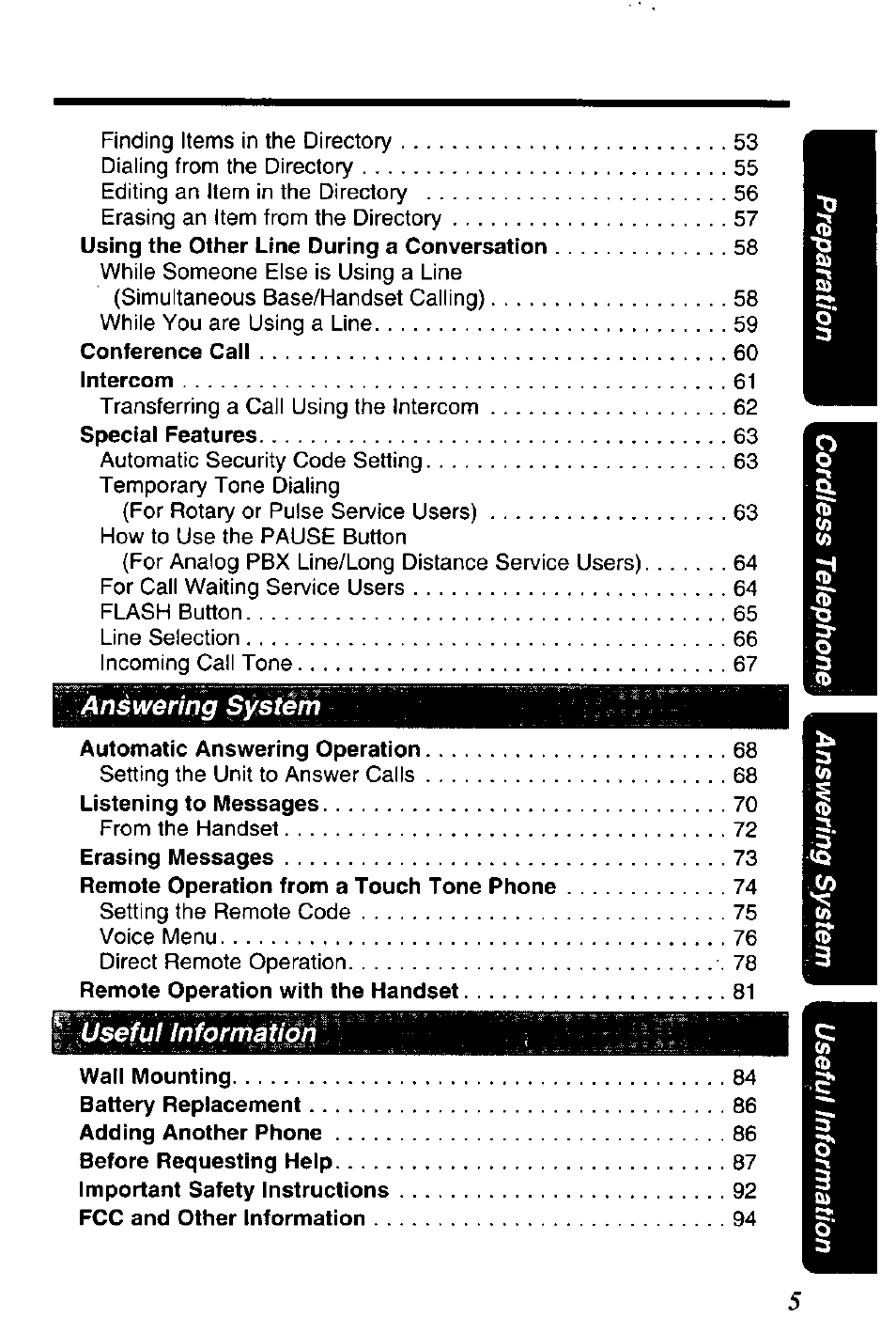 Answering system, Useful information | Panasonic KX-TC1891B User Manual | Page 5 / 96