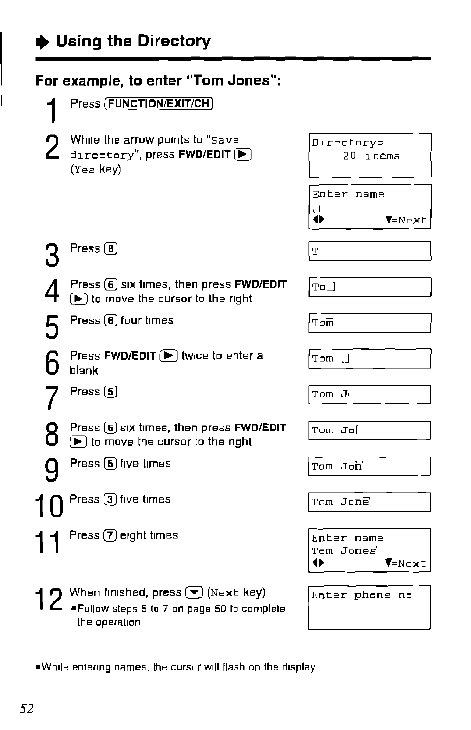 For example, to enter ‘tom jones | Panasonic KX-TC1891B User Manual | Page 52 / 96