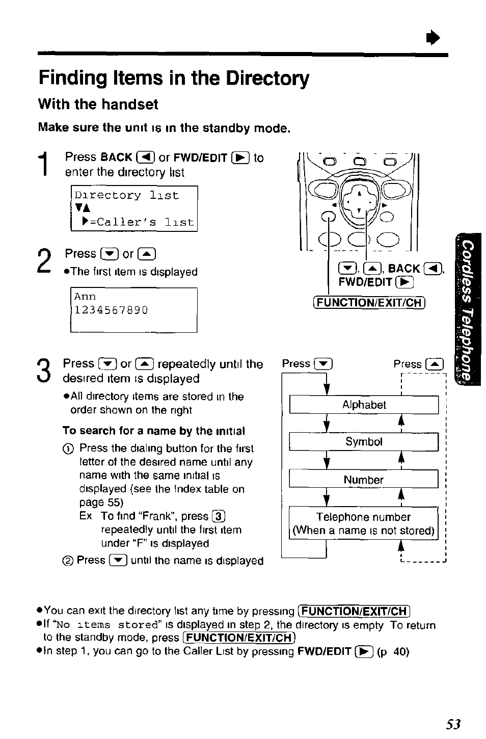 Finding items in the directory, With the handset | Panasonic KX-TC1891B User Manual | Page 53 / 96