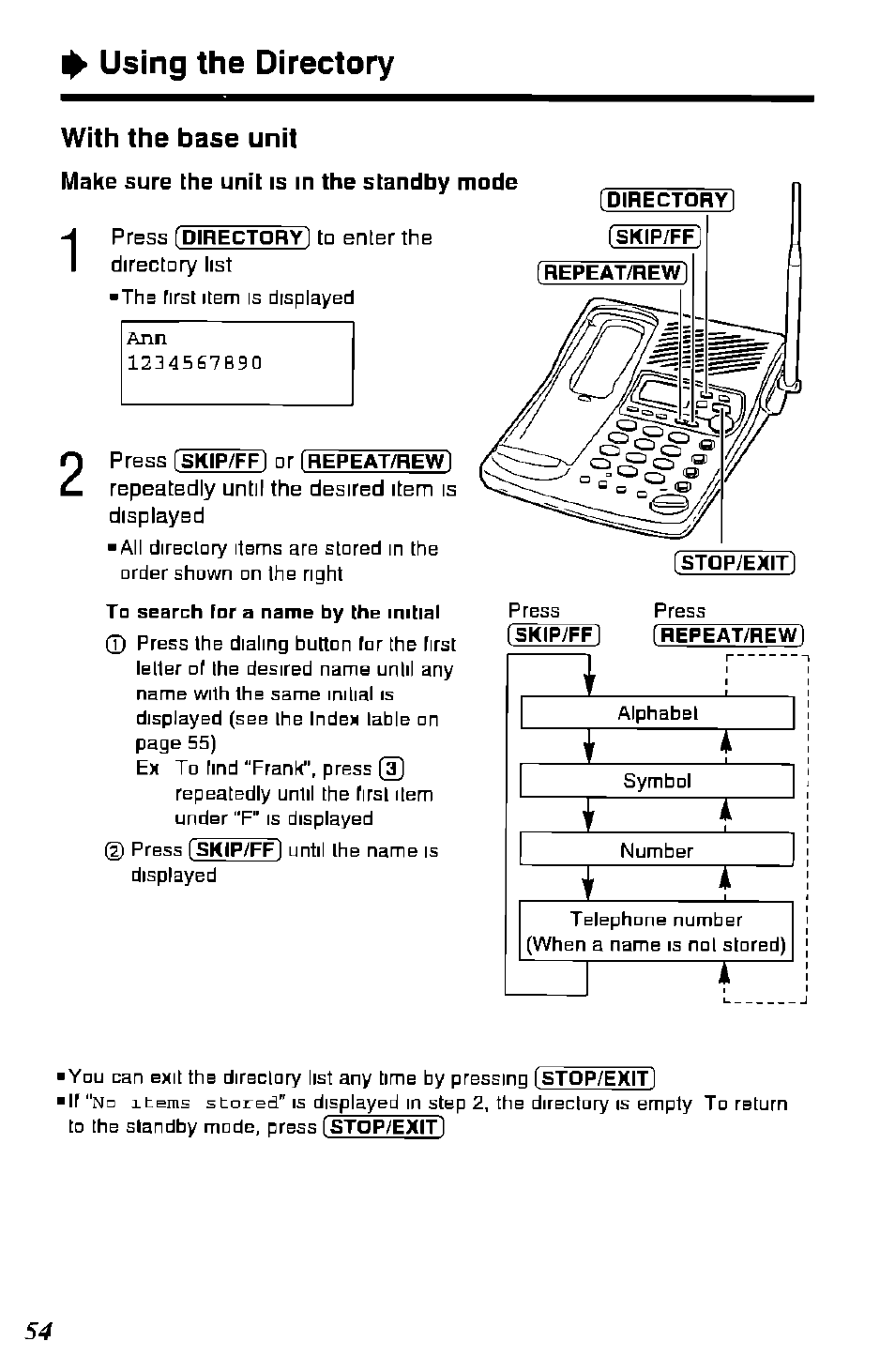 With the base unit, Using the directory, Make sure the unit is in the standby mode | Panasonic KX-TC1891B User Manual | Page 54 / 96