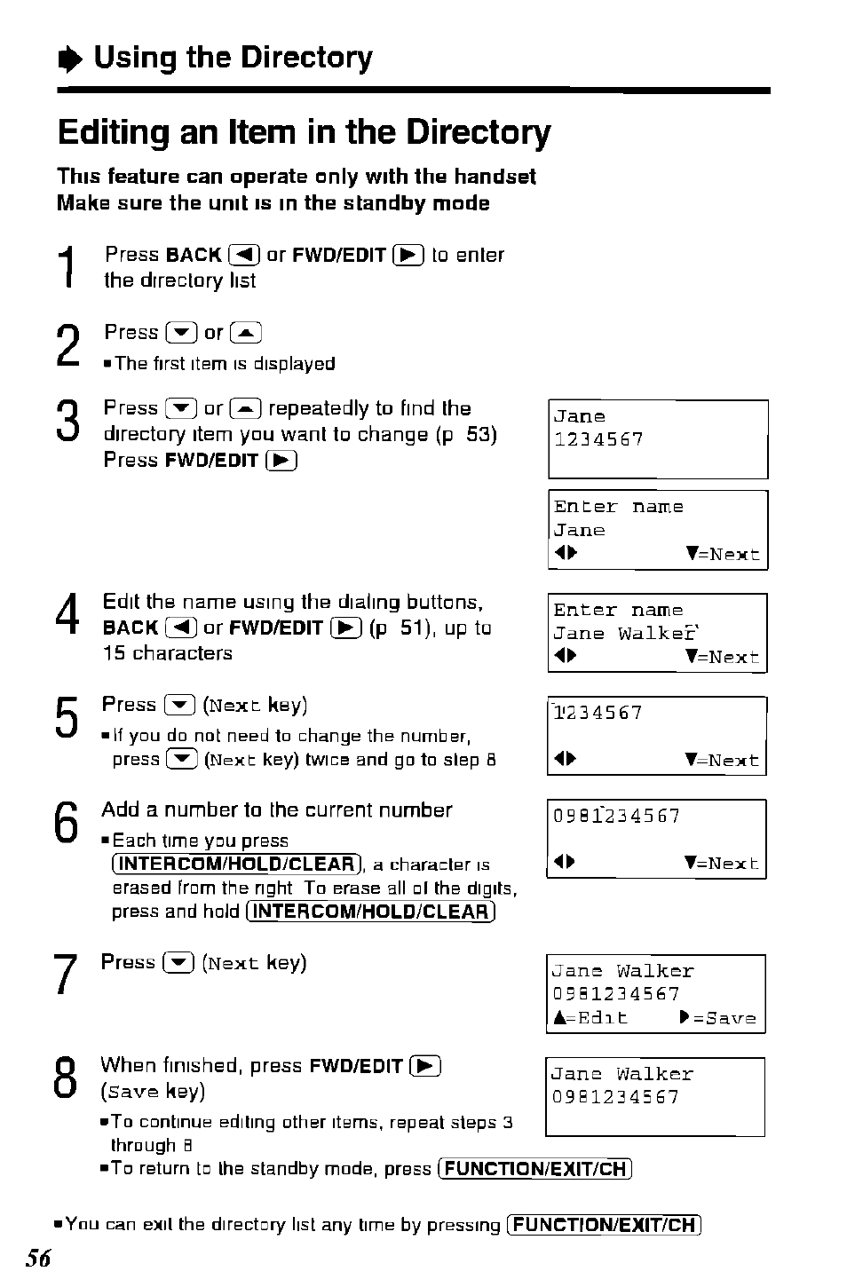 Editing an item in the directory | Panasonic KX-TC1891B User Manual | Page 56 / 96