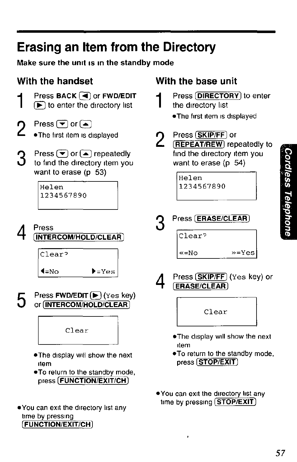 Erasing an item from the directory, Dialing from the directory, With the handset | With the base unit | Panasonic KX-TC1891B User Manual | Page 57 / 96