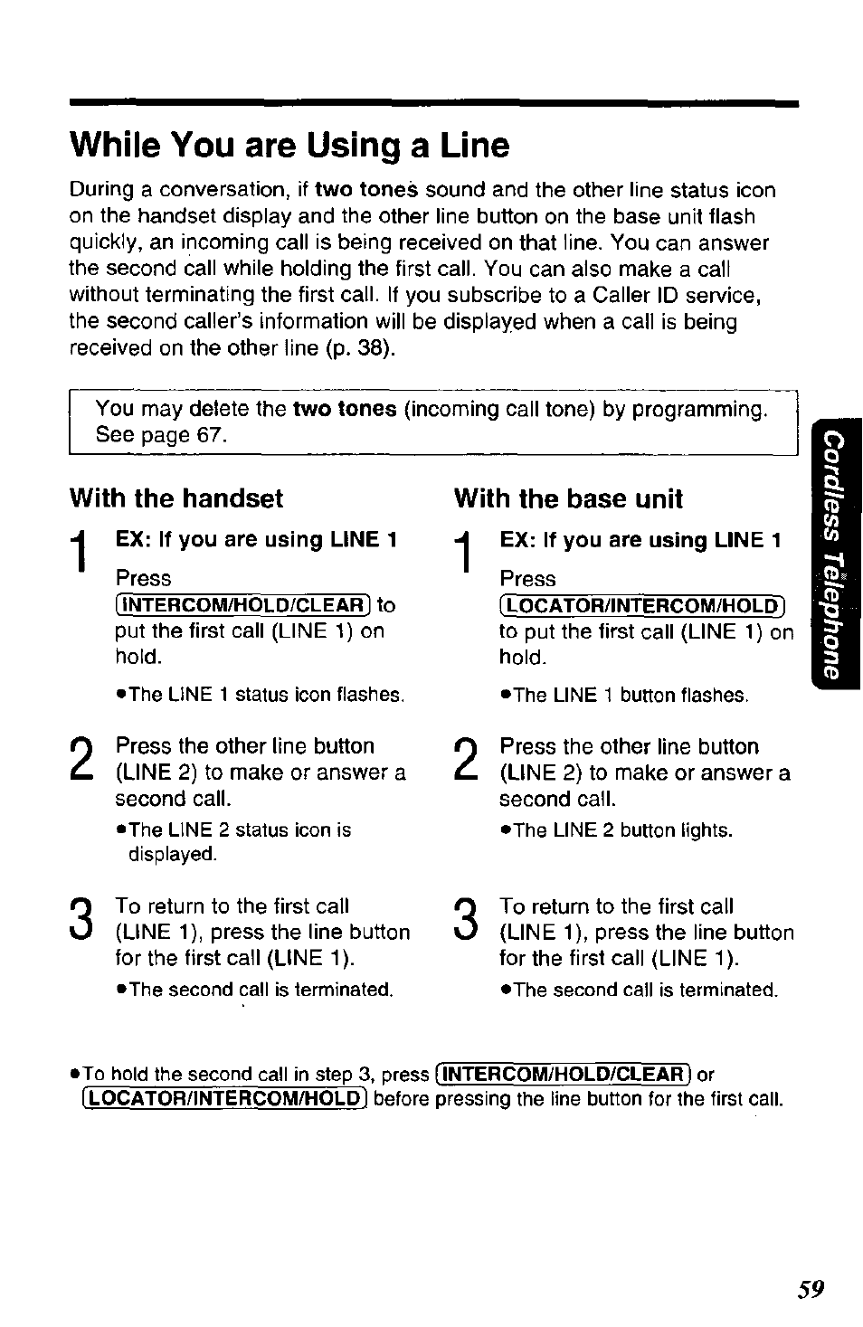 While you are using a line, With the handset, With the base unit | Panasonic KX-TC1891B User Manual | Page 59 / 96