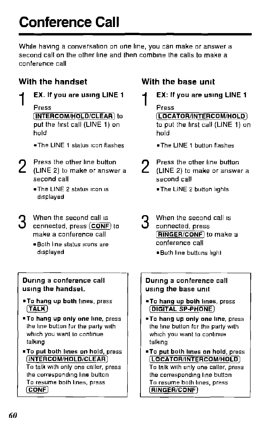 Conference call, With the handset with the base unit | Panasonic KX-TC1891B User Manual | Page 60 / 96