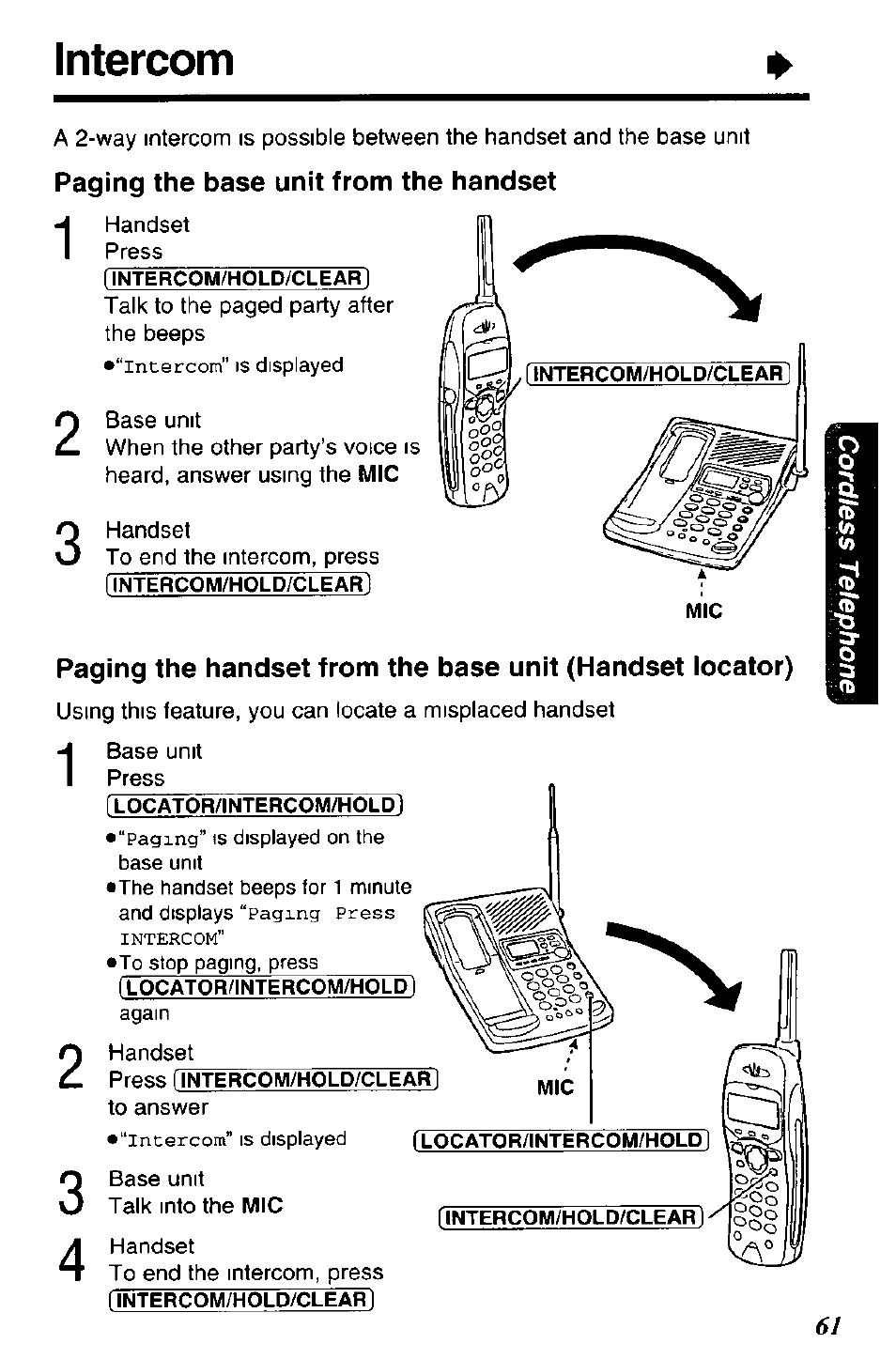 Paging the base unit from the handset, Intercom | Panasonic KX-TC1891B User Manual | Page 61 / 96