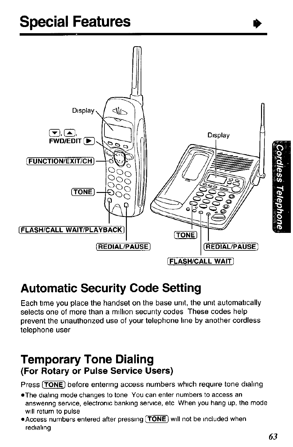 Automatic security code setting, Temporary tone dialing, For rotary or pulse service users) | Special features | Panasonic KX-TC1891B User Manual | Page 63 / 96