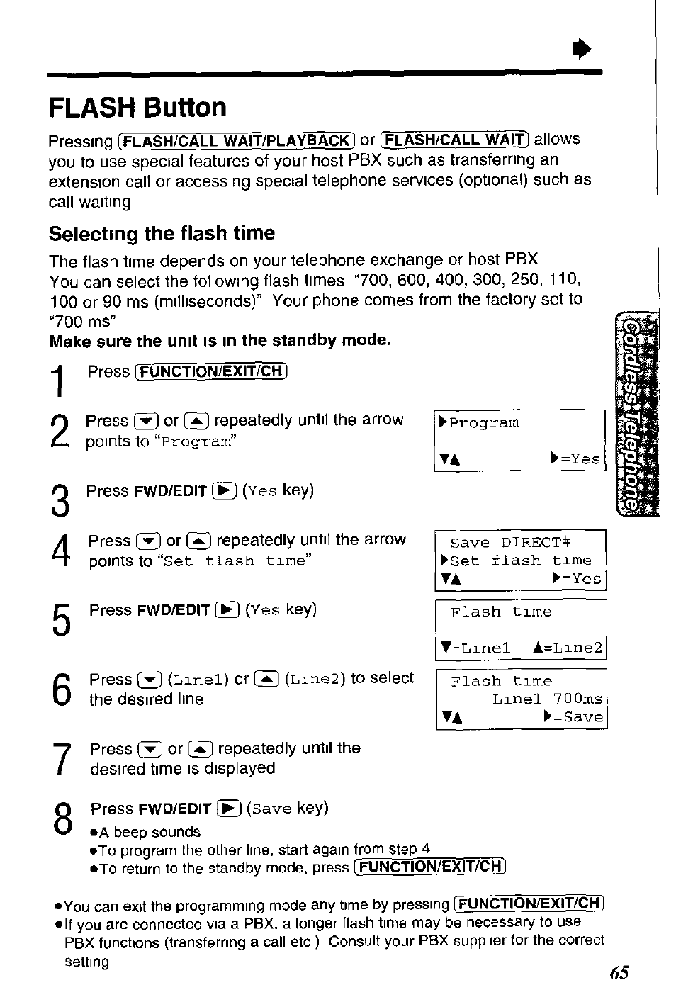 Flash button, Selecting the flash time | Panasonic KX-TC1891B User Manual | Page 65 / 96