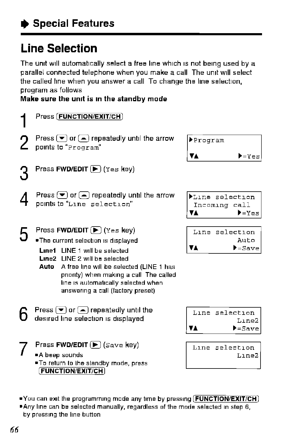 Line selection, Special features | Panasonic KX-TC1891B User Manual | Page 66 / 96