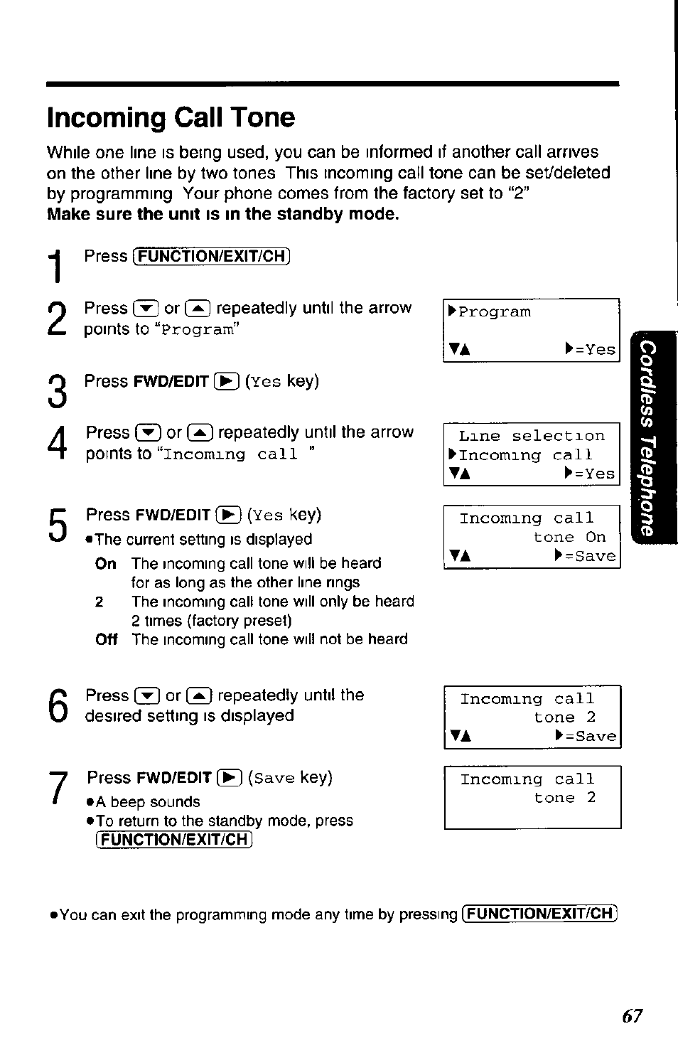 Incoming call tone | Panasonic KX-TC1891B User Manual | Page 67 / 96