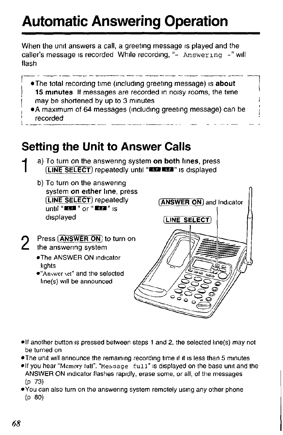 Setting the unit to answer calis, Setting the unit to answer calls, Automatic answering operation | Panasonic KX-TC1891B User Manual | Page 68 / 96