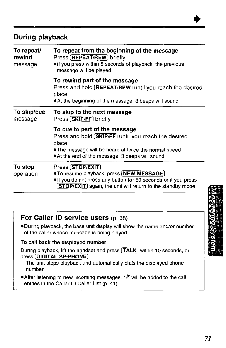 During playback, For caller id service users (p 38), For caller id service users | Press, P 38 ) | Panasonic KX-TC1891B User Manual | Page 71 / 96