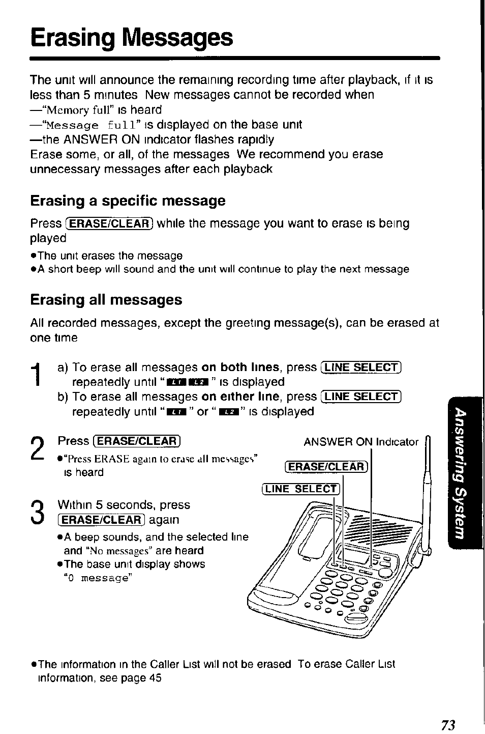 Erasing a specific message, Erasing all messages, Erasing messages | Panasonic KX-TC1891B User Manual | Page 73 / 96