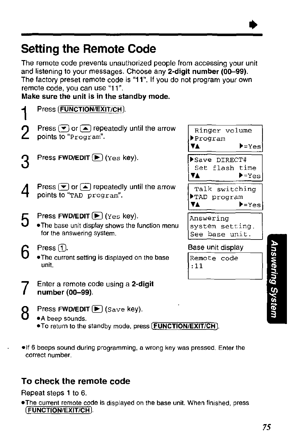 Setting the remote code, To check the remote code | Panasonic KX-TC1891B User Manual | Page 75 / 96