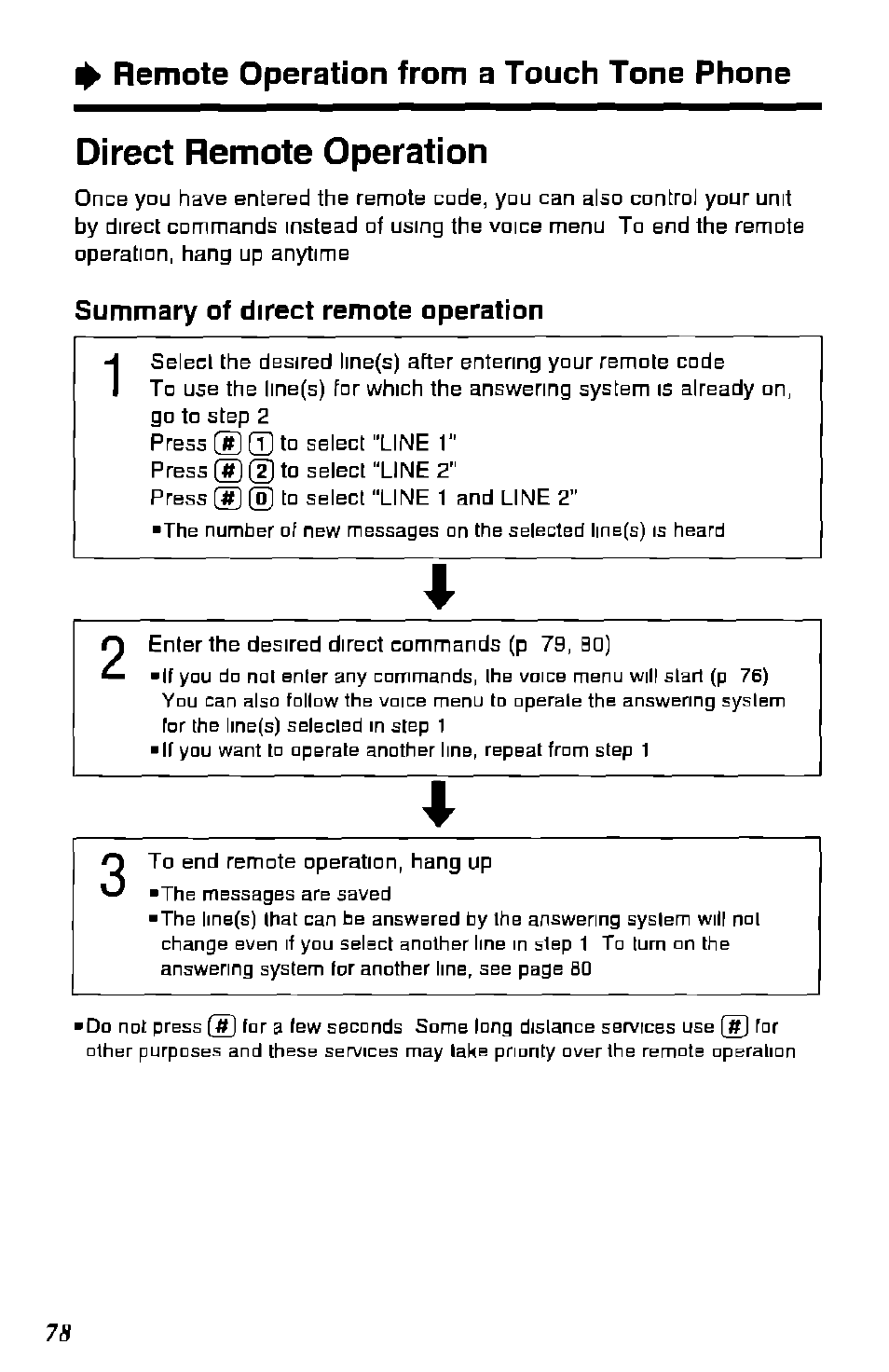 Direct remote operation, Summary of direct remote operation, Ф remote operation from a touch tone phone | Panasonic KX-TC1891B User Manual | Page 78 / 96