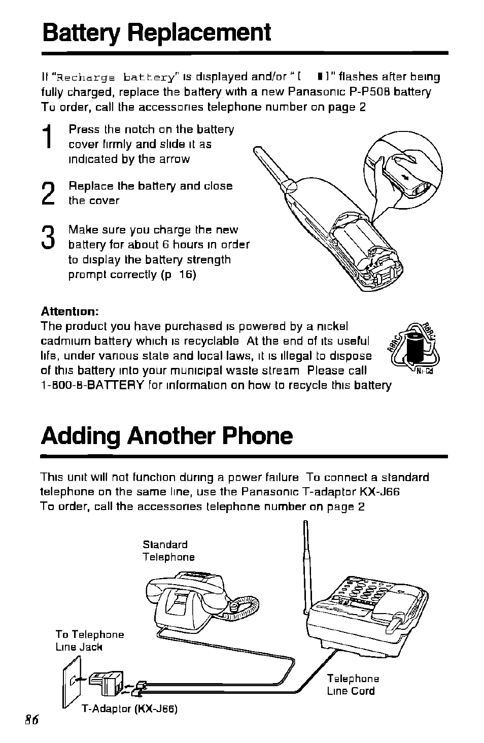 Battery replacement, Adding another phone | Panasonic KX-TC1891B User Manual | Page 86 / 96