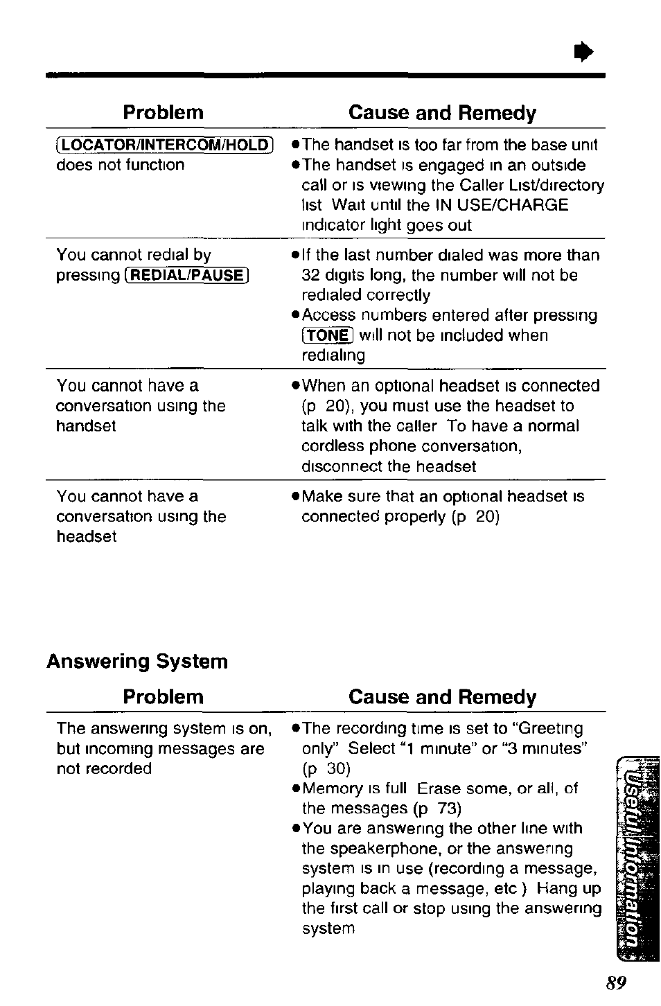 Answering system problem, Problem cause and remedy | Panasonic KX-TC1891B User Manual | Page 89 / 96