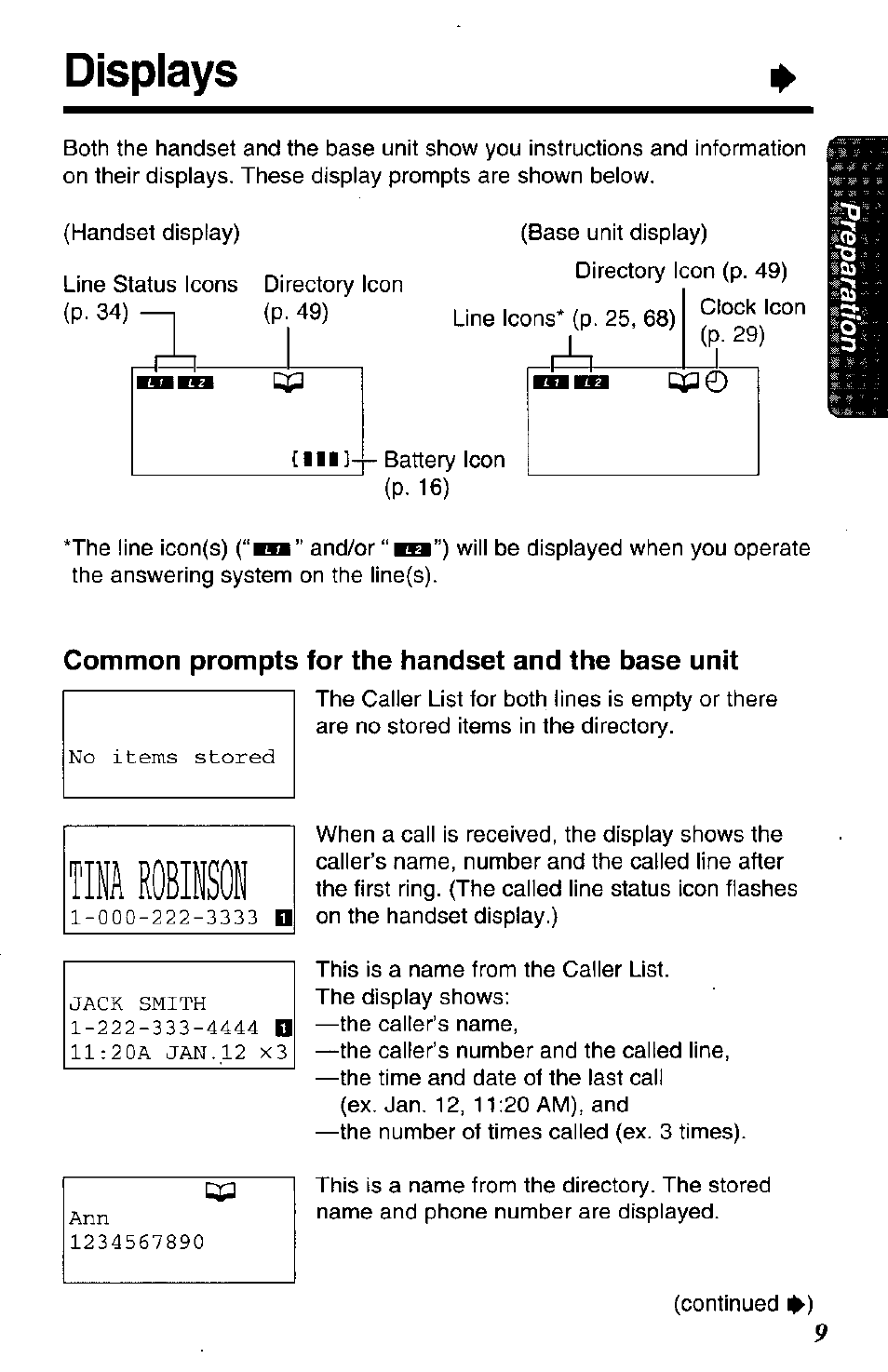 Common prompts for the handset and the base unit, Displays | Panasonic KX-TC1891B User Manual | Page 9 / 96