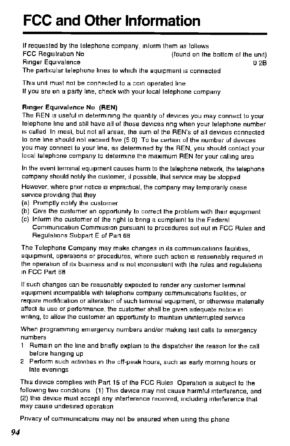 Fcc and other information | Panasonic KX-TC1891B User Manual | Page 94 / 96