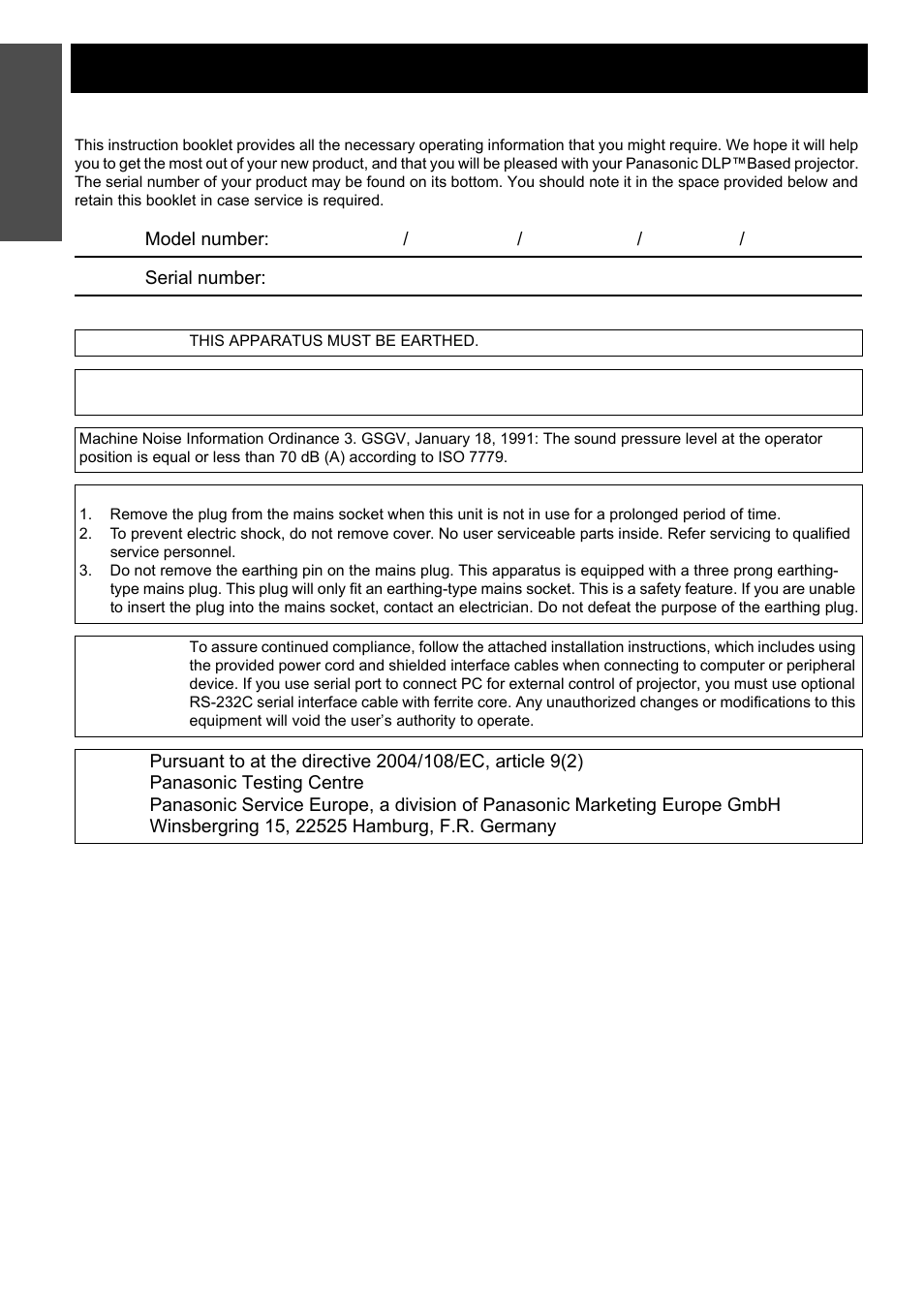 Important safety notice, Dear panasonic customer, Nglish - 2 | Panasonic PT-D5000E User Manual | Page 2 / 42