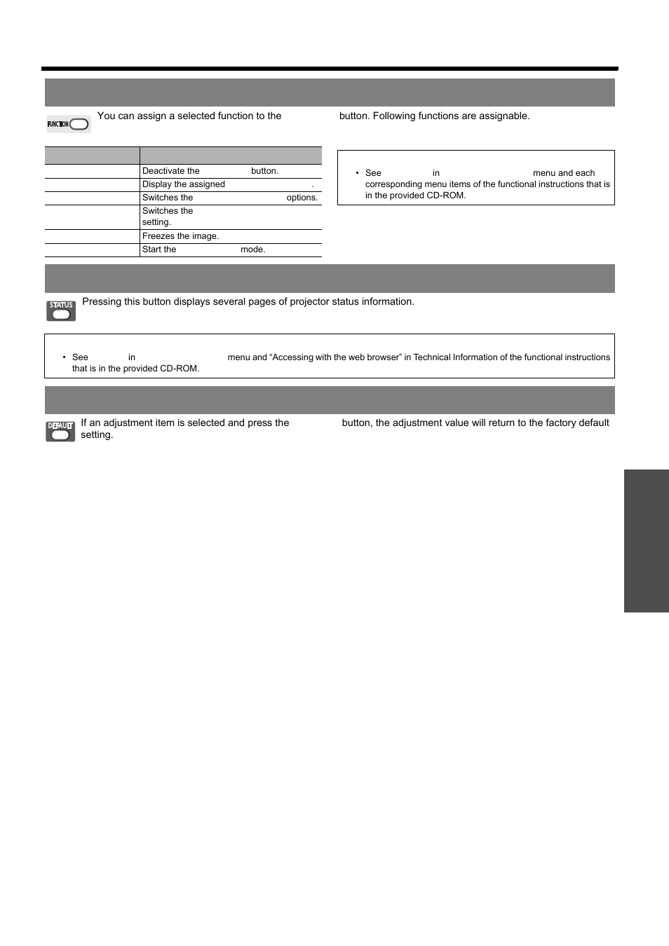 Using an assigned function, Displaying the status of the projector, Resetting to the factory default | Nglish - 23, Remote control operation, Basic o p eration | Panasonic PT-D5000E User Manual | Page 23 / 42