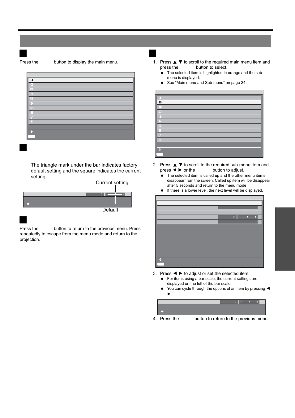 Navigating through the menu, Nglish - 27, Menu navigation | Displaying the main menu, Adjusting with the bar scale items, Returning to the previous menu, Operating procedure, Basic o p eration | Panasonic PT-D5000E User Manual | Page 27 / 42