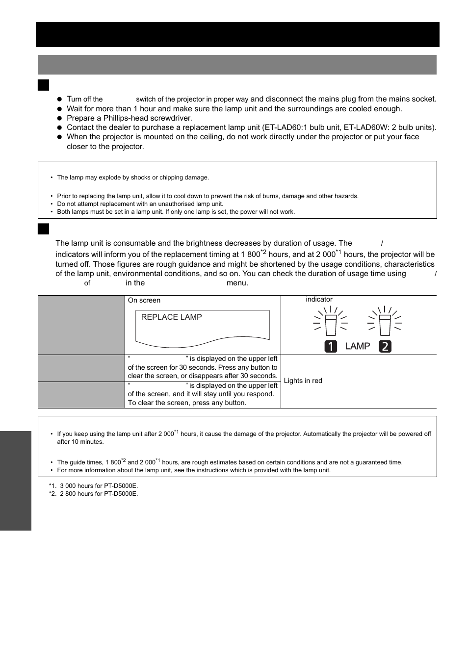 Replacement, Replacing the lamp unit, Nglish - 30 | Before replacing the lamp unit, When to replace the lamp unit, Maintenance, Caution | Panasonic PT-D5000E User Manual | Page 30 / 42