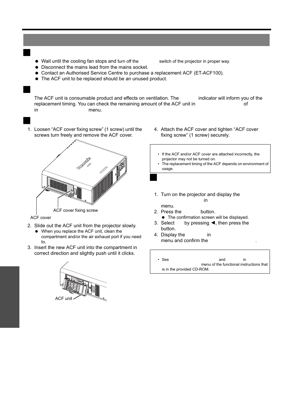 Replacing the auto cleaning filter (acf), Nglish - 32, Replacement | Before replacing the acf, When to replace the acf, Replacement procedure, Resetting the remaining filter, Maintenance | Panasonic PT-D5000E User Manual | Page 32 / 42