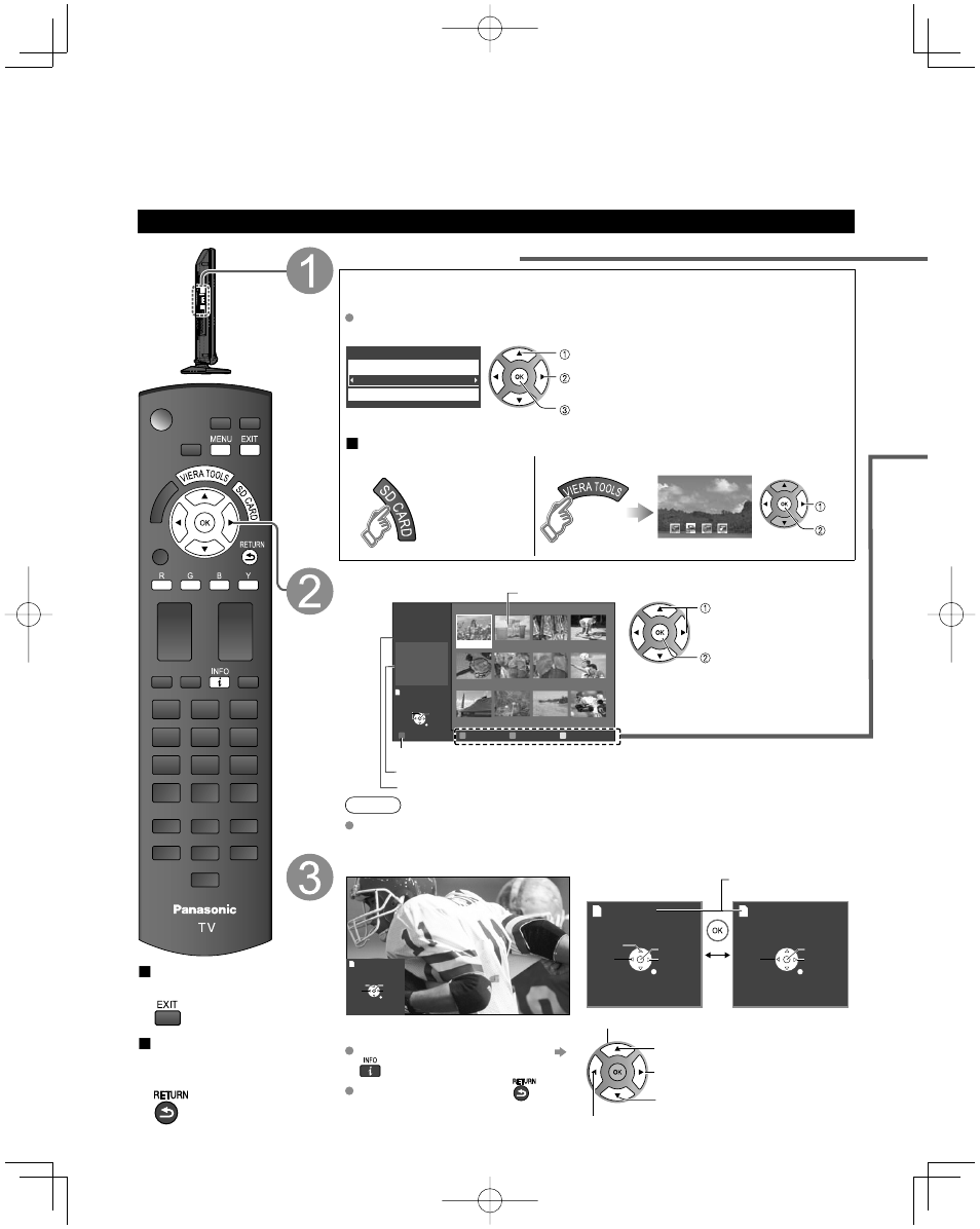 Viewing from sd card, Viewing from an sd card, Insert the sd card | Set “sd card setting” and select “play sd card now, Select the data to be viewed, View, Photo viewer, Press to exit from a menu screen, Press to return to the previous screen, Manual operation | Panasonic TC-42U12 User Manual | Page 20 / 58