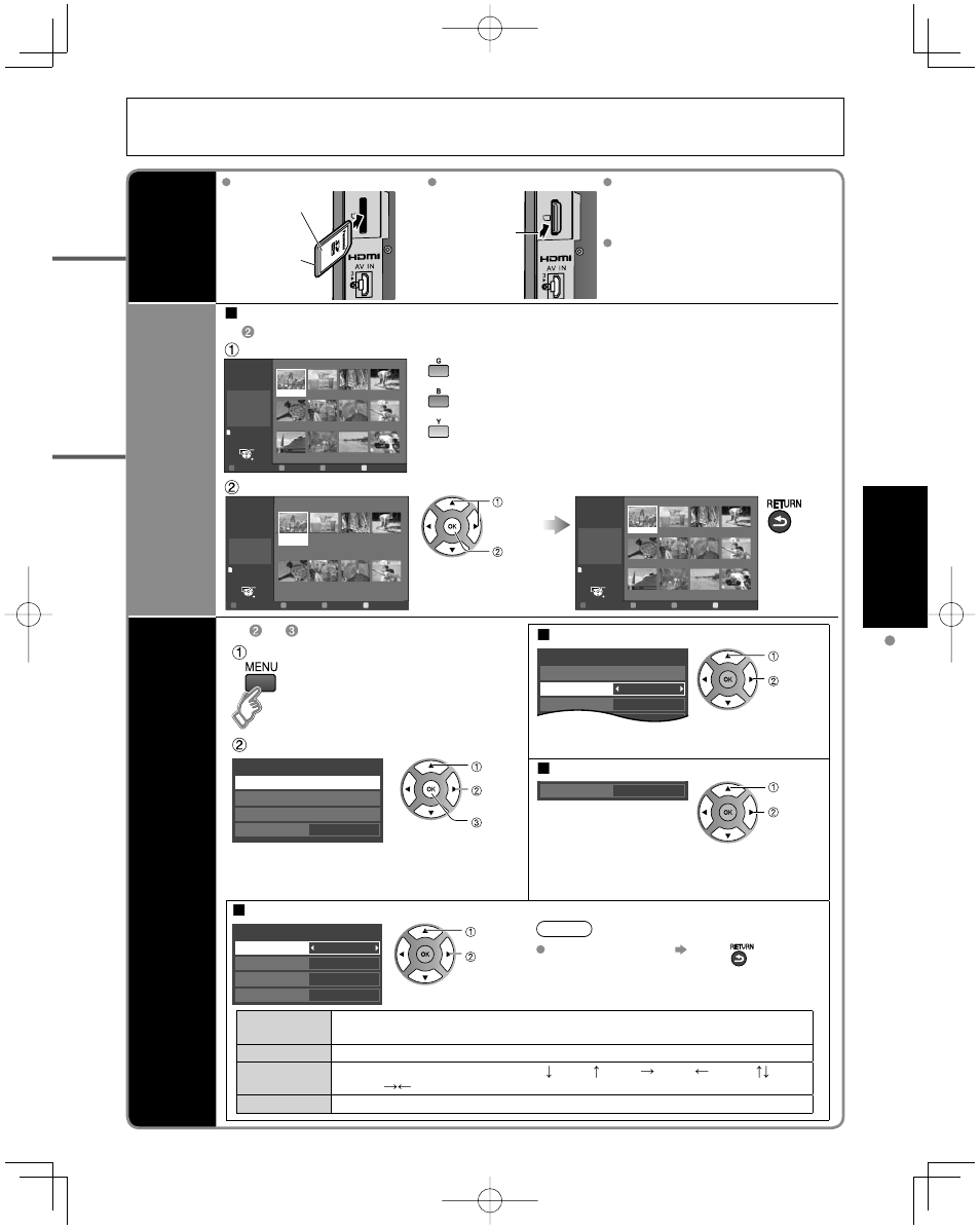 Viewing, Viewing from sd card sd card, Sort | Photo settings, Select the directory, Adjust the picture display “photo settings, Select the item, Set the background music, Slideshow settings, Viera image viewer | Panasonic TC-42U12 User Manual | Page 21 / 58