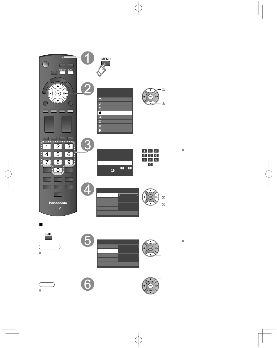 Lock, Display menu select “lock, Input your 4-digit password | Select the lock mode, Select the item | Panasonic TC-42U12 User Manual | Page 36 / 58