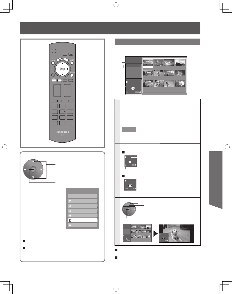 Advanced op er a tion, Photo viewer mode, Exit photo viewer | Return to the previous screen, Slide show mode, Single play mode, Press exit, Press return, Total, Information | Panasonic LIFI PT-61LCX7 User Manual | Page 47 / 64