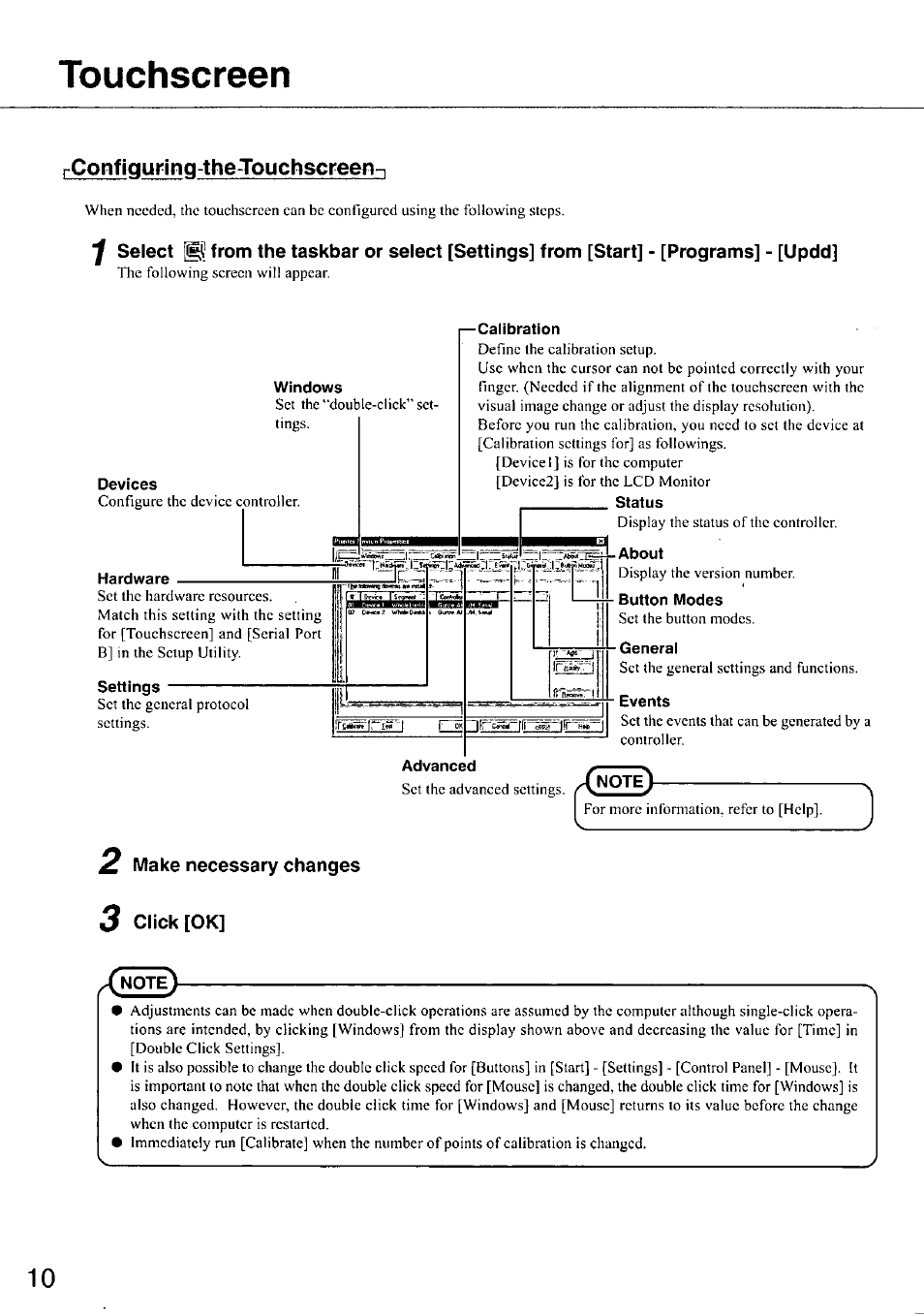 Touchscreen, Rconfiguringthetouchscreenn, Calibration | Status, Hardware, Settings, About, Button modes, General, Events | Panasonic CF-VDL01 User Manual | Page 10 / 16