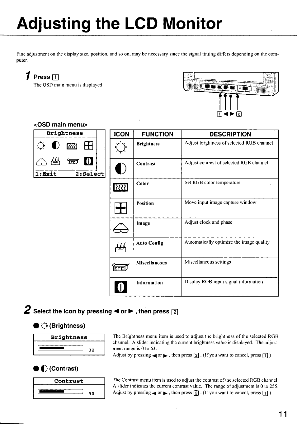 Adjusting the lcd monitor, 7 press q, Osd main menu | Brightness, D (contrast) | Panasonic CF-VDL01 User Manual | Page 11 / 16