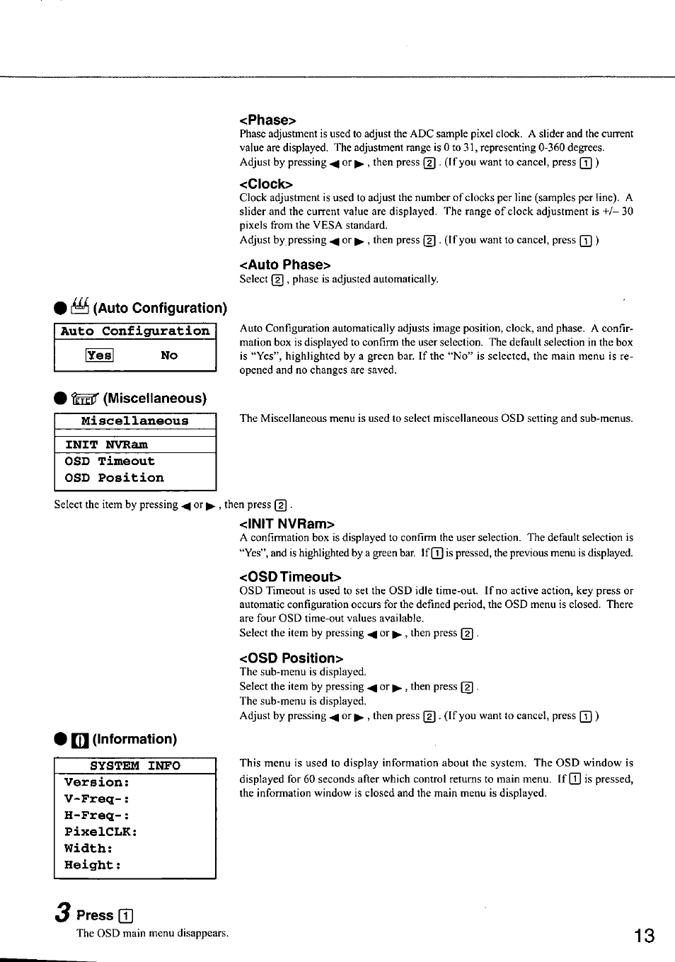 Auto configuration), Miscellaneous), Init nvram | Osd timeout osd position, Phase, Clock, Auto phase, Osdtimeout, Osd position, Information) | Panasonic CF-VDL01 User Manual | Page 13 / 16