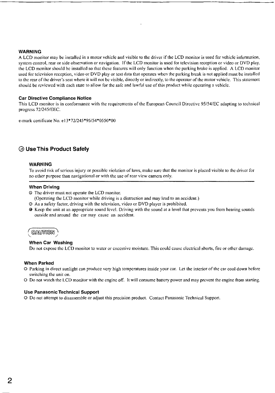 Warning, Car directive compliance notice, Use this product safely | When driving, When car washing, When parked, Use panasonic technical support | Panasonic CF-VDL01 User Manual | Page 2 / 16