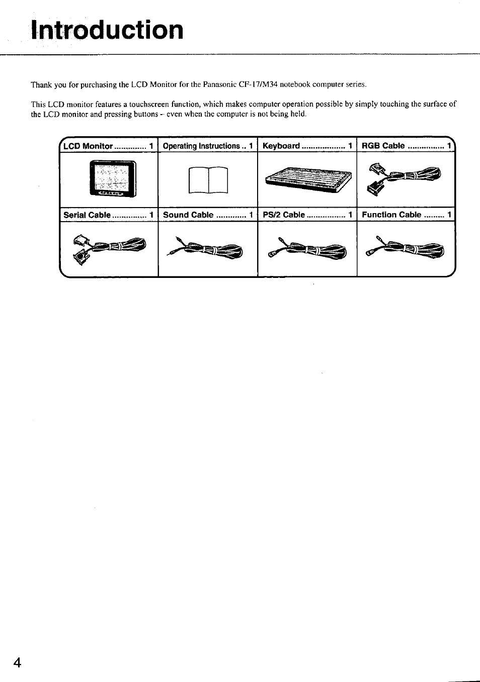 Cd monitor, Operating instructions, Keyboard | Rgb cable, Serial cable, Sound cable, Ps/2 cable, Function cable | Panasonic CF-VDL01 User Manual | Page 4 / 16