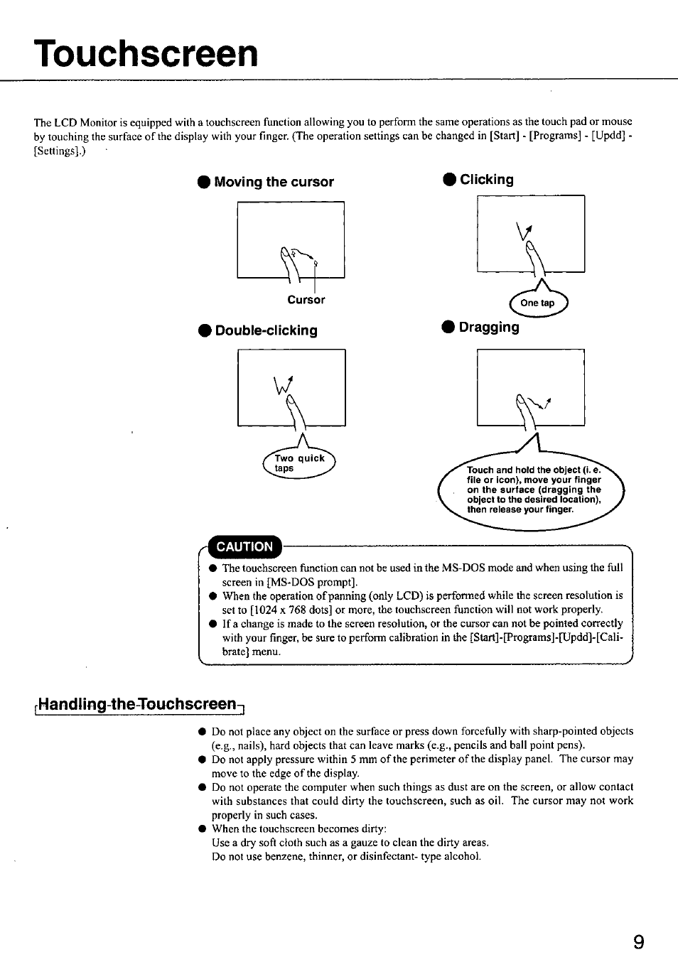 Touchscreen, Moving the cursor, Cursor | Double-clicking, Rhandling-the-touchscreen, Double-clicking clicking dragging | Panasonic CF-VDL01 User Manual | Page 9 / 16