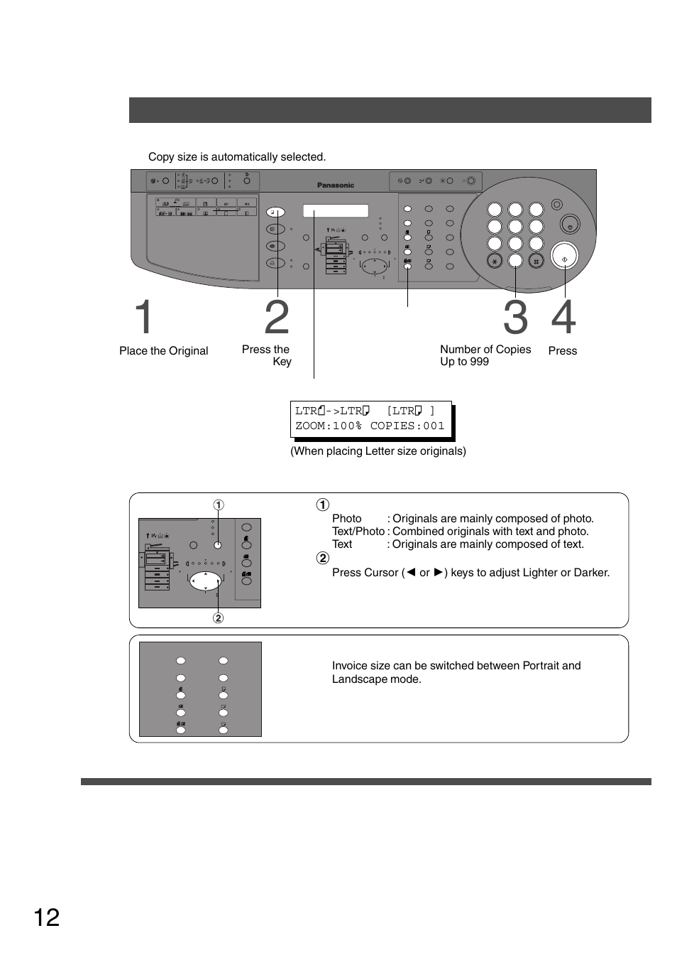 Basic copy, Full size copying, P.12 | Copying the same size originals (1:1), Select the original size, Select the original(s), Select exposure control, Copy size is automatically selected, Place the original lcd display original size keys, Number of copies up to 999 | Panasonic DP-200 User Manual | Page 12 / 63