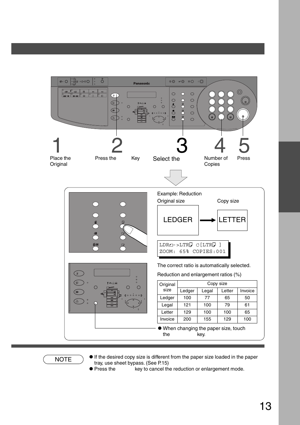 Reduction or enlargement copying, Basic copy, Ledger letter | Making copies, Copying with preset ratios, Select the copy size, Place the original, Press the copy key | Panasonic DP-200 User Manual | Page 13 / 63
