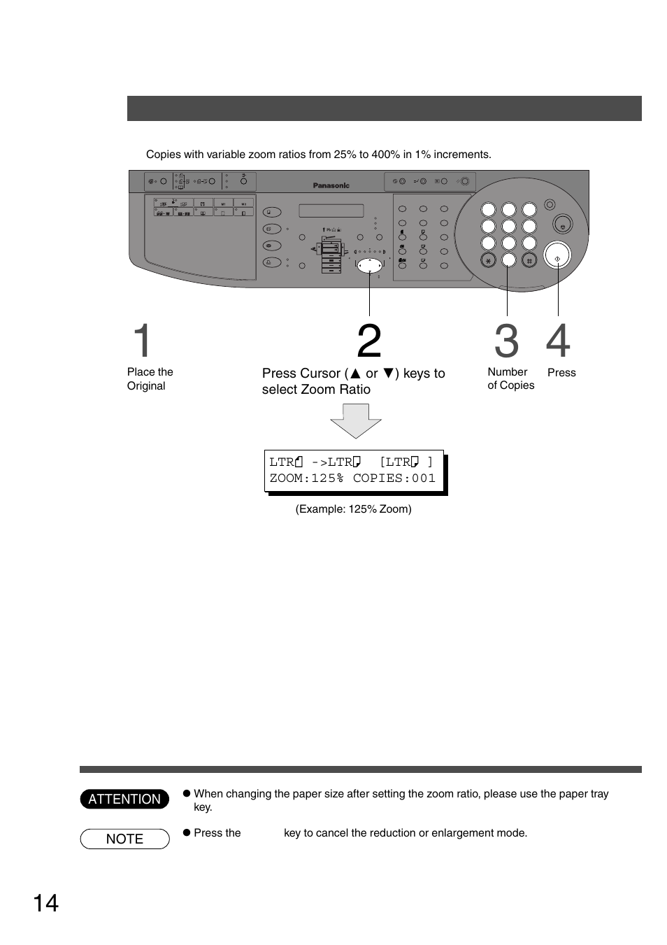 Zoom copying basic copy, Zoom, Press cursor ( f or g ) keys to select zoom ratio | Example: 125% zoom), Place the original, Number of copies | Panasonic DP-200 User Manual | Page 14 / 63