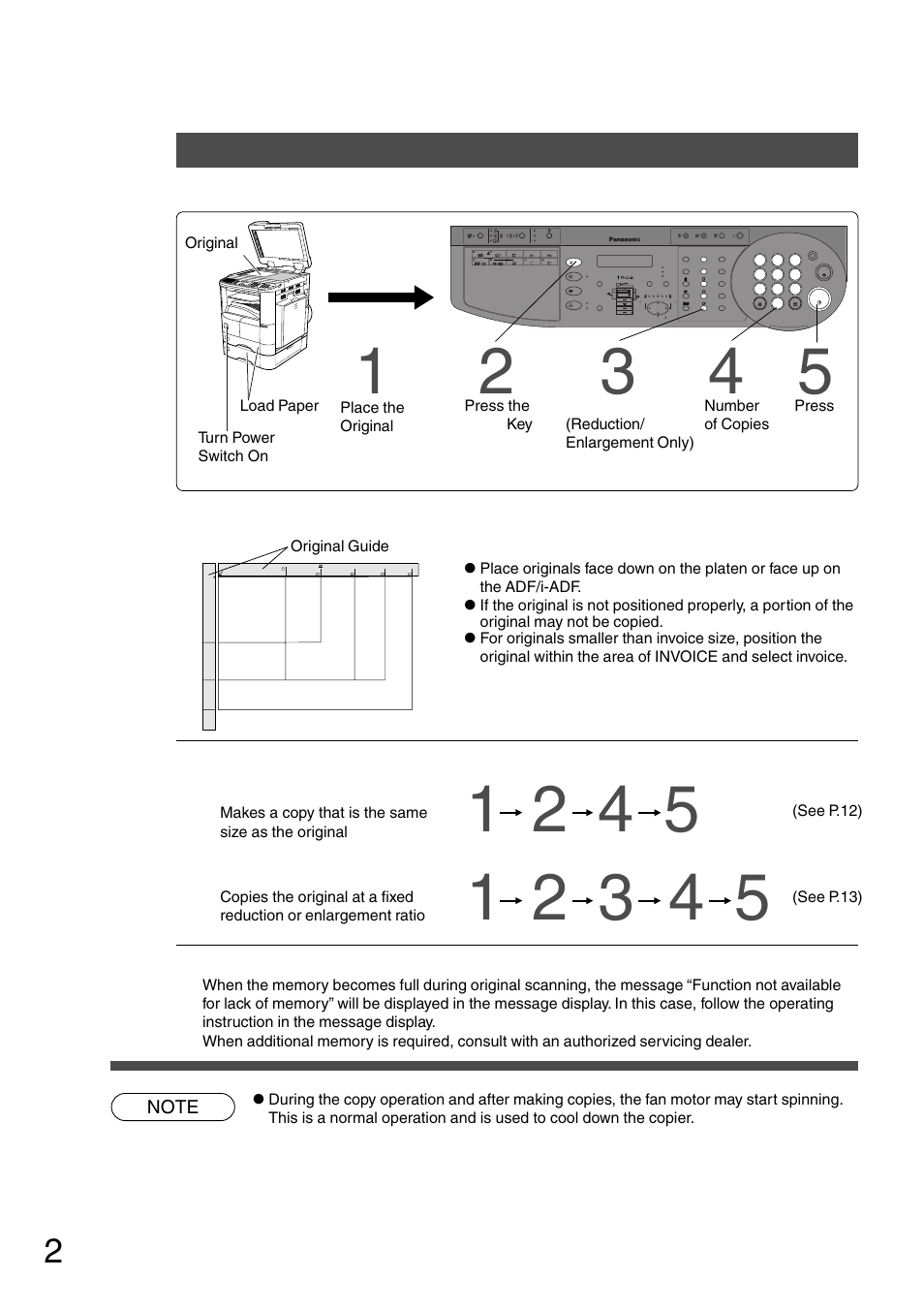 Operation chart, Common features and usage, Position of the original | Reduction or enlargement | Panasonic DP-200 User Manual | Page 2 / 63