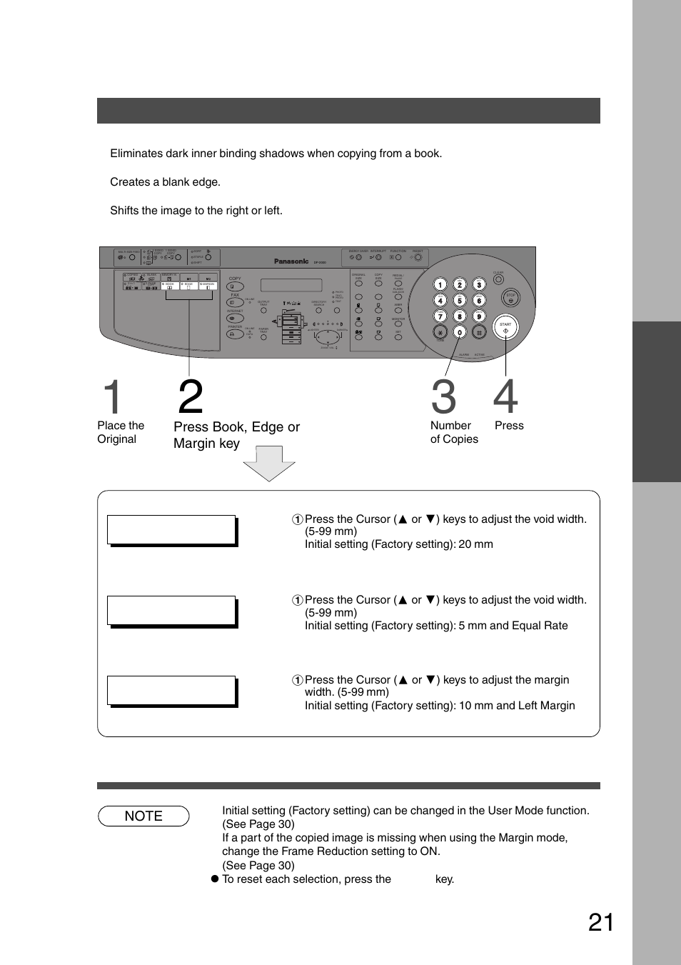 Margin, Book/edge/margin, P.21 | Procedure, Press book, edge or margin key, Making copies, Edge key creates a blank edge, Margin key shifts the image to the right or left, Place the original, Press start | Panasonic DP-200 User Manual | Page 21 / 63