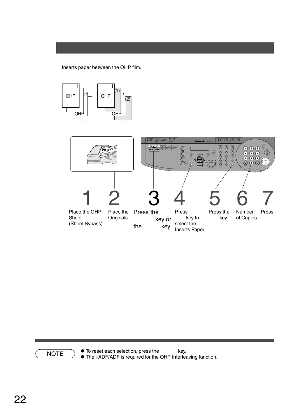 Insertion copy, Ohp interleaving, P.22 | Procedure, Press the copied key or the blank key, Number of copies, Place the ohp sheet (sheet bypass), Place the originals, Press paper tray key to select the inserts paper | Panasonic DP-200 User Manual | Page 22 / 63